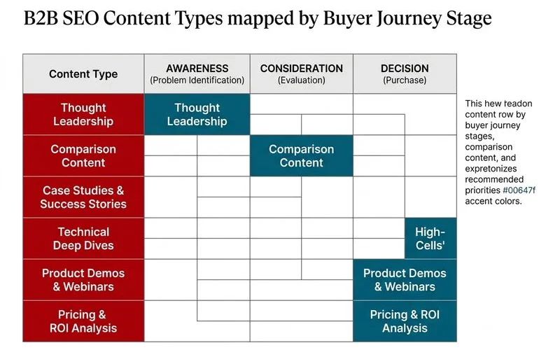 B2B SEO content matrix by stage: thought leadership, comparison content, technical deep dives