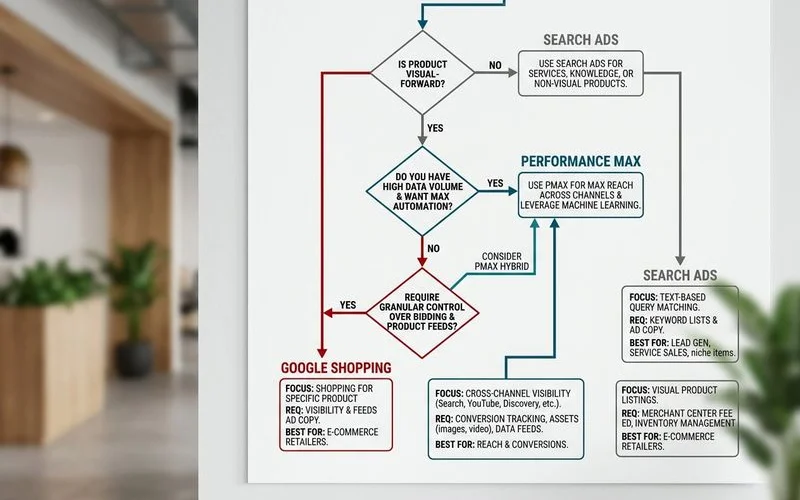 Decision flowchart: when to use Shopping vs Search vs PMax for e-commerce