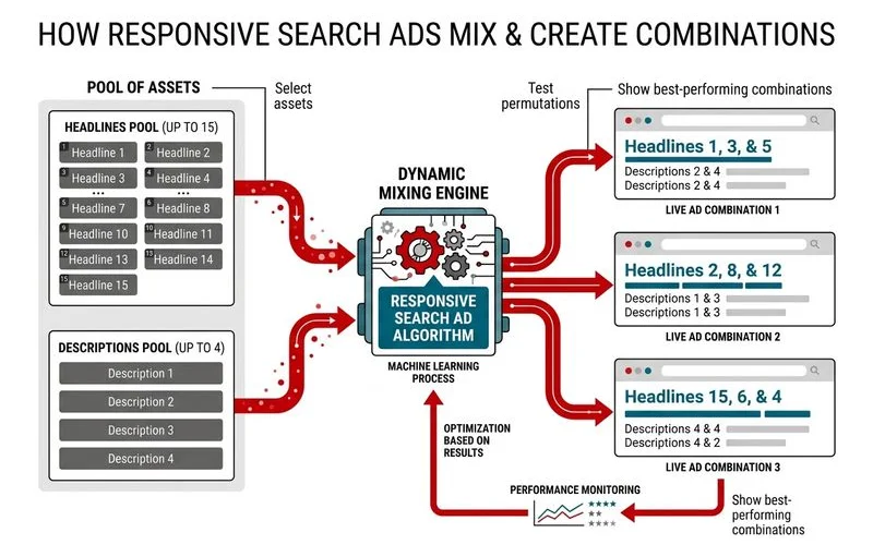 Diagram showing how Google combines responsive search ad headlines and descriptions into different live ads