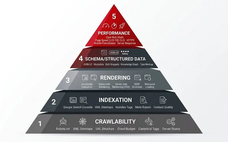 Diagram of the technical SEO stack: crawlability, indexation, rendering, schema, performance