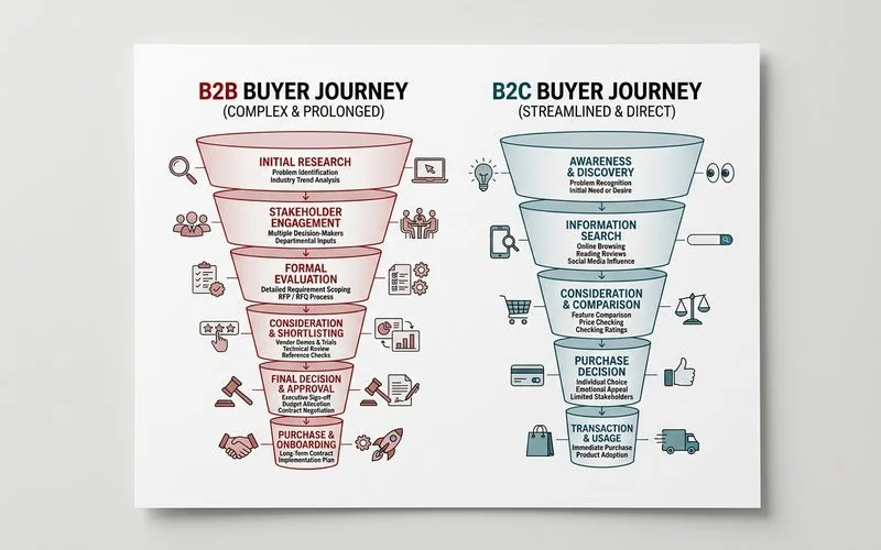 Funnel diagram contrasting B2B vs B2C SEO journey: research, consideration, decision