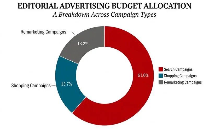 Chart showing a Google Ads budget allocated across search, shopping, and remarketing campaigns
