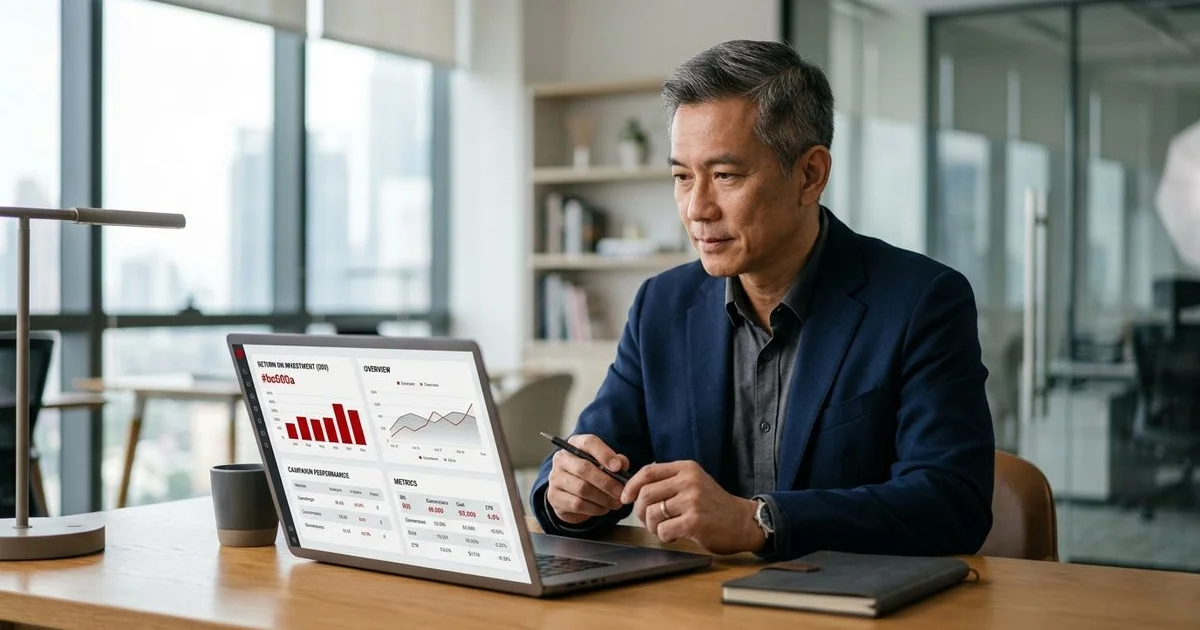 Business owner weighing the return on investment from a Google Ads campaign on a laptop
