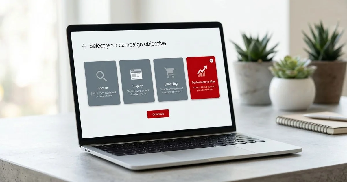 Google Ads campaign type selector screen showing search, display, shopping, and Performance Max options