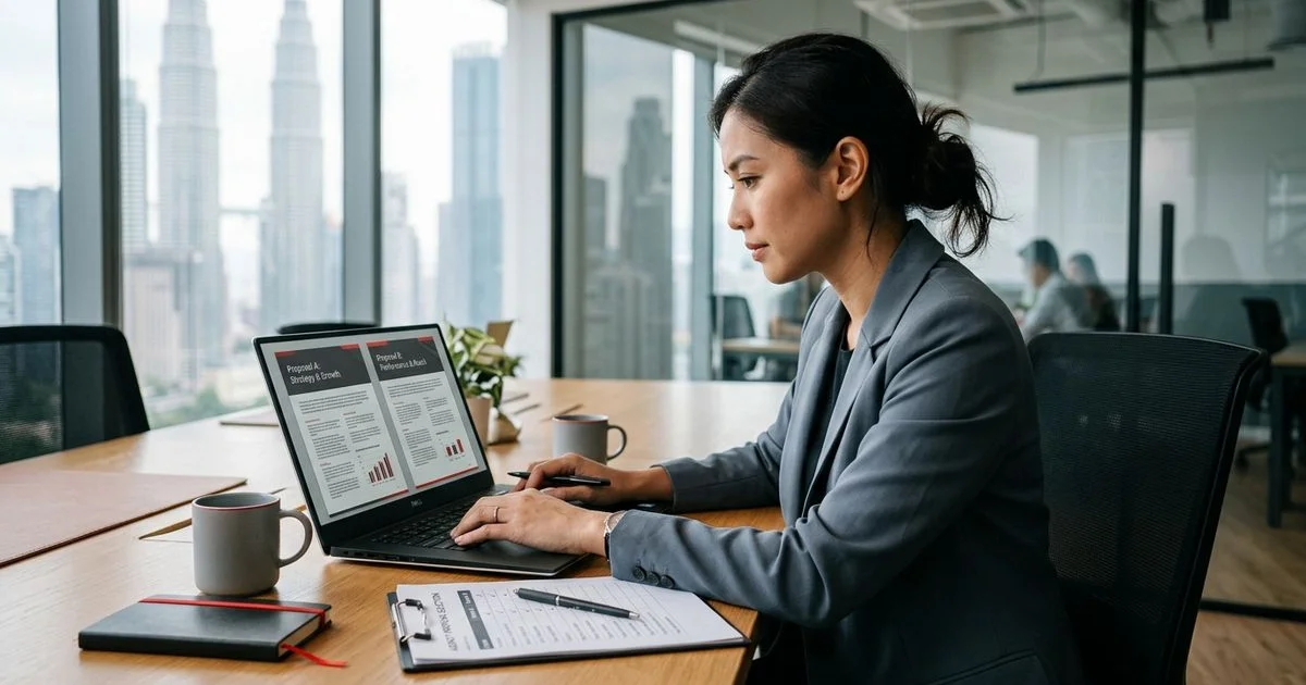 Marketer comparing two Google Ads agency proposals on a laptop with a printed selection checklist