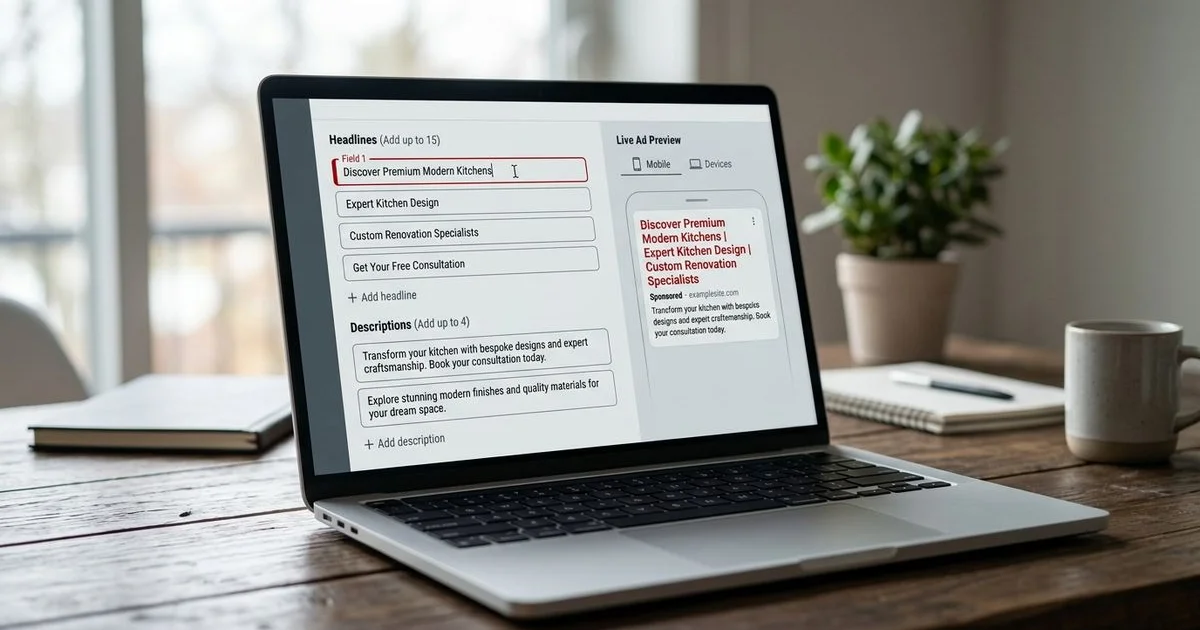 Responsive search ad interface assembling multiple headlines and descriptions into a live ad