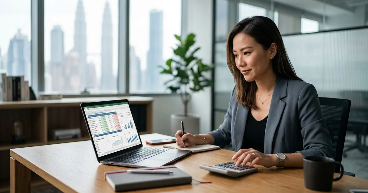 Small business owner planning a Google Ads budget at a desk with a calculator and laptop