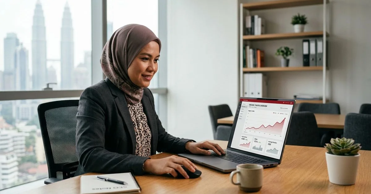 Small business owner reviewing SEO analytics and organic traffic on a laptop