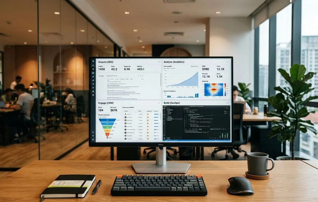 The ADE Marketing SaaS portfolio: Agility Writer, BrandPeek, LocusPilot, EMDStriker