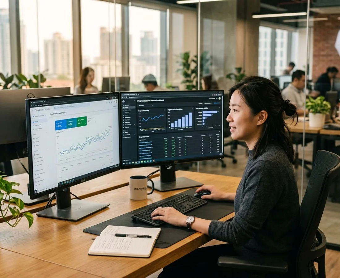 Adam Yong reviewing Google Search Console and proprietary ADE Marketing dashboards in the Solaris Dutamas office