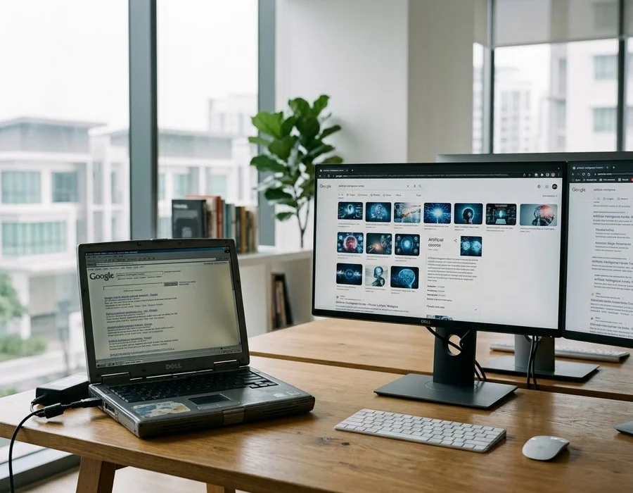 A vintage laptop alongside a modern workstation, symbolising over a decade of search work